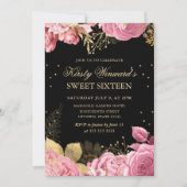 ピンクと金ゴールドのバラ縁どフローラSweet sixteen 招待状 (正面)