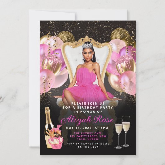 ピンクと金ゴールドのバルーン王室の誕生日招待状 招待状 (正面)