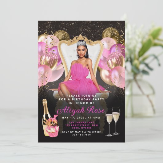 ピンクと金ゴールドのバルーン王室の誕生日招待状 招待状 (スタンド正面)