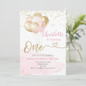 ピンクと金ゴールドのバルーン、パーティー誕生日 招待状 (スタンド正面)