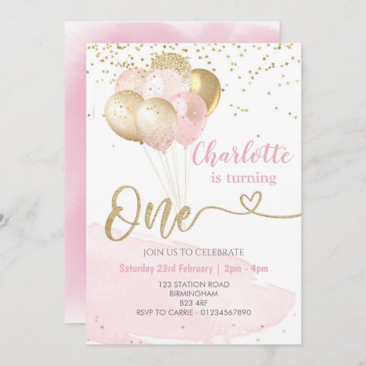 ピンクと金ゴールドのバルーン、パーティー誕生日 招待状 (正面/裏面)