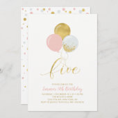 ピンクと金ゴールドのバルーン |女の子5th誕生日パーティー 招待状 (正面/裏面)