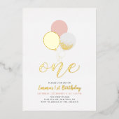 ピンクと金ゴールドのバルーン | 1st女の子の誕生日パーティー 箔招待状 (正面)