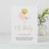 ピンクと金ゴールドのバルーン | Oh Baby Girl Baby Shower 招待状 (スタンド正面)