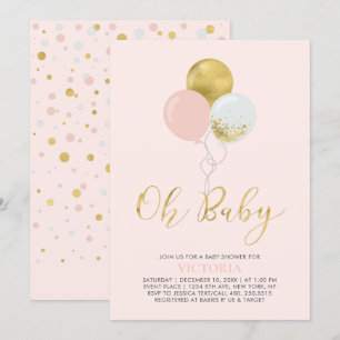 ピンクと金ゴールドのバルーン Oh Baby Girl Baby Shower 招待状