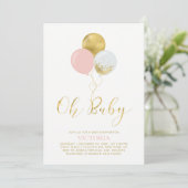 ピンクと金ゴールドのバルーン | Oh Baby Girl Baby Shower 招待状 (スタンド正面)