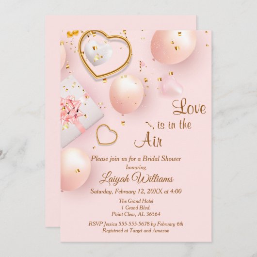 ピンクと金ゴールドのバレンタインデイドシャワー 招待状 (正面/裏面)