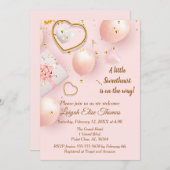 ピンクと金ゴールドのバレンタインデーシャワー 招待状 (正面/裏面)