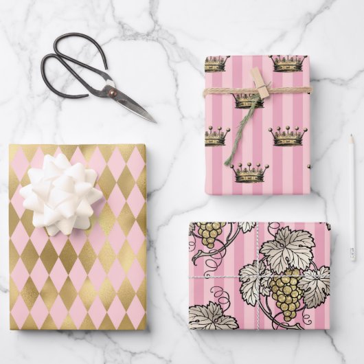 ピンクと金ゴールドのパリをテーマにした ラッピングペーパーシート (正面)