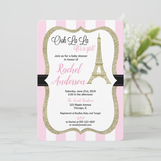 ピンクと金ゴールドのパリス赤ちゃんシャワー招待女 招待状 (スタンド正面)