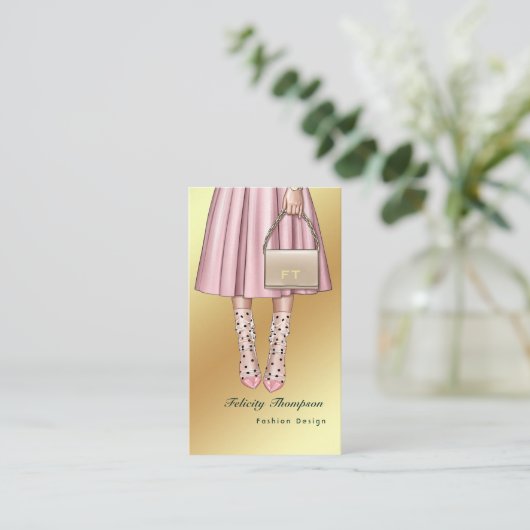 ピンクと金ゴールドのファッションラグトレードQRコード 名刺 (スタンド正面)