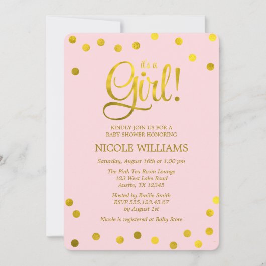 ピンクと金ゴールドのフェイク紙吹雪女の子ベビーシャワー 招待状 (正面)
