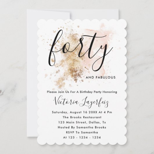 ピンクと金ゴールドのフェミニン台本の女性40歳の誕生日 招待状 (正面)