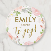 ピンクと金ゴールドのフローラが赤ちゃんポップ・アートののシャワーラベルに対応