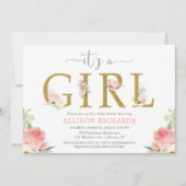 ピンクと金ゴールドのフローラの赤ちゃんシャワー、女の子だ 招待状 (正面)