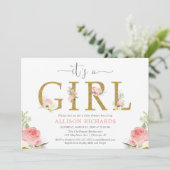 ピンクと金ゴールドのフローラの赤ちゃんシャワー、女の子だ 招待状 (スタンド正面)