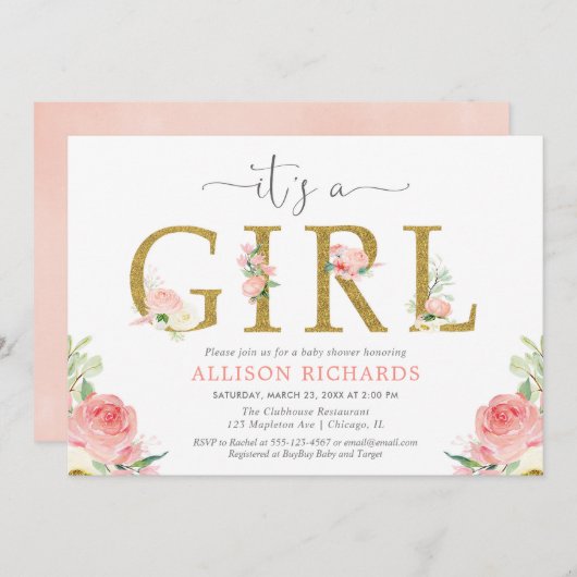 ピンクと金ゴールドのフローラの赤ちゃんシャワー、女の子だ 招待状 (正面/裏面)