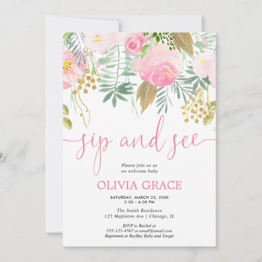 ピンクと金ゴールドのフローラを飲み、赤ちゃんの女の子のシャワーを参照 招待状 (正面)