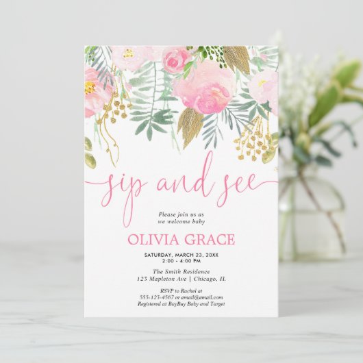 ピンクと金ゴールドのフローラを飲み、赤ちゃんの女の子のシャワーを参照 招待状 (スタンド正面)