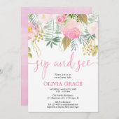 ピンクと金ゴールドのフローラを飲み、赤ちゃんの女の子のシャワーを参照 招待状 (正面/裏面)