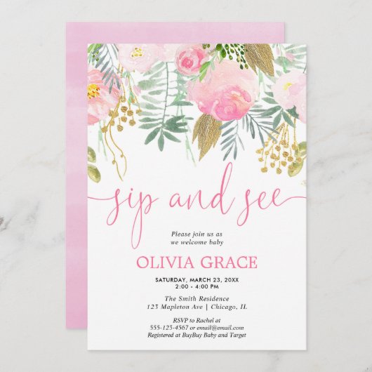 ピンクと金ゴールドのフローラを飲み、赤ちゃんの女の子のシャワーを参照 招待状