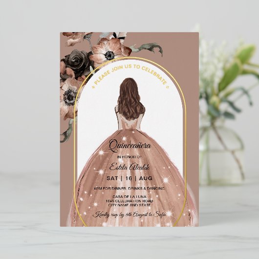 ピンクと金ゴールドのフローラアーチキンセアニラ実在 箔招待状 (立ち正面)