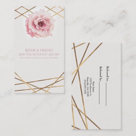 ピンクと金ゴールドのフローラエレガントグラムは友人を参照 紹介カード (正面/裏面)