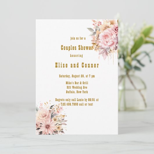 ピンクと金ゴールドのフローラカップルのシャワー 招待状 (スタンド正面)