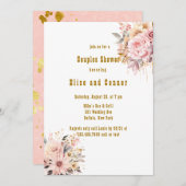 ピンクと金ゴールドのフローラカップルのシャワー 招待状 (正面/裏面)