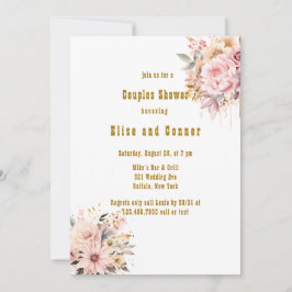ピンクと金ゴールドのフローラカップルのシャワー 招待状