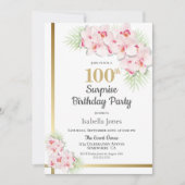 ピンクと金ゴールドのフローラサプライズ100th誕生日パーティー 招待状 (正面)