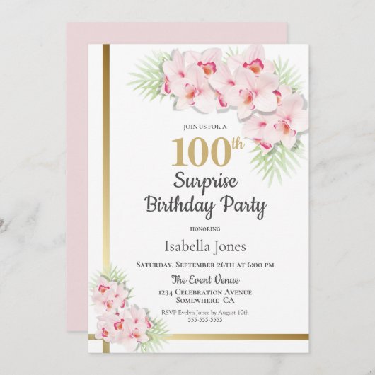 ピンクと金ゴールドのフローラサプライズ100th誕生日パーティー 招待状 (正面/裏面)