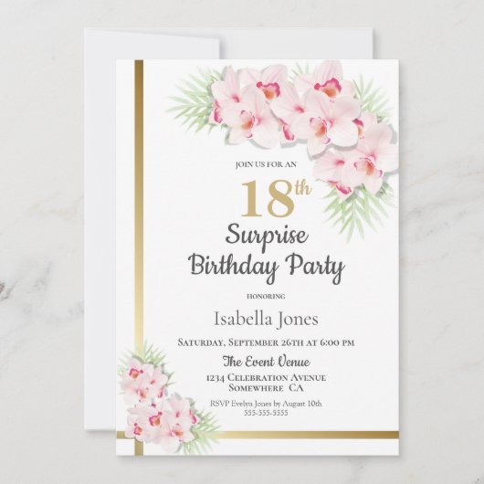 ピンクと金ゴールドのフローラサプライズ18th誕生日パーティー 招待状 (正面)