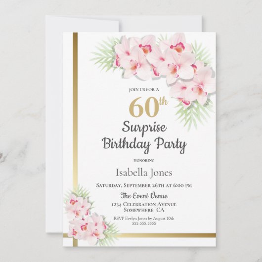 ピンクと金ゴールドのフローラサプライズ60th誕生日パーティー 招待状 (正面)