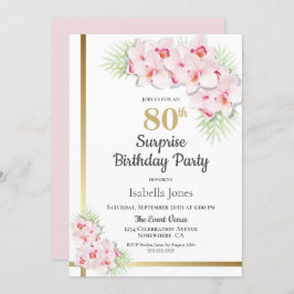 ピンクと金ゴールドのフローラサプライズ80th誕生日パーティー 招待状