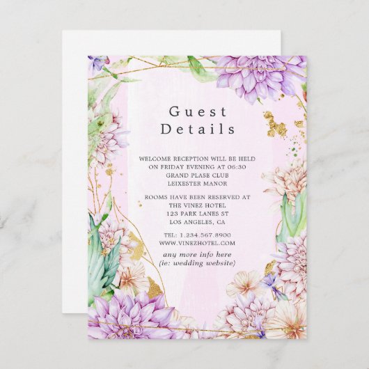 ピンクと金ゴールドのフローラジオメト結婚リのゲスト詳細 エンクロージャーカード (正面/裏面)