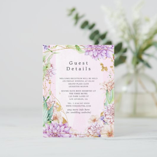 ピンクと金ゴールドのフローラジオメト結婚リのゲスト詳細 エンクロージャーカード (スタンド正面)