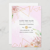 ピンクと金ゴールドのフローラジオメト結婚リ セーブザデート (正面/裏面)