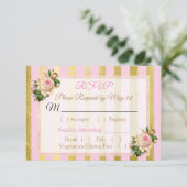 ピンクと金ゴールドのフローラストライプのウェディングRSVPカード 出欠カード (スタンド正面)