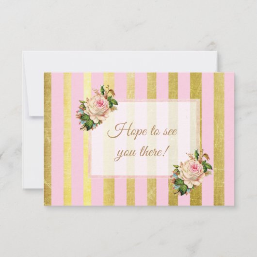 ピンクと金ゴールドのフローラストライプのウェディングRSVPカード 出欠カード (裏面)