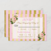 ピンクと金ゴールドのフローラストライプのウェディングRSVPカード 出欠カード (正面/裏面)
