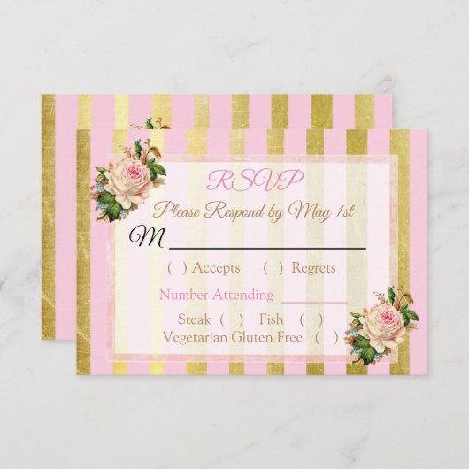 ピンクと金ゴールドのフローラストライプのウェディングRSVPカード 出欠カード (正面/裏面)