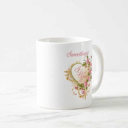 ピンクと金ゴールドのフローラハートマグカップ コーヒーマグカップ (正面右)