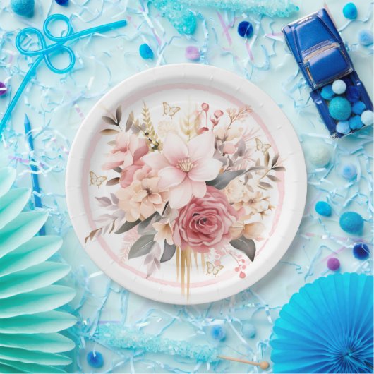 ピンクと金ゴールドのフローラバタフライ結婚ズ ペーパープレート (パーティー)