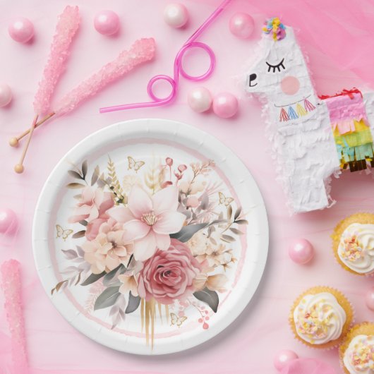 ピンクと金ゴールドのフローラバタフライ結婚ズ ペーパープレート (パーティー)