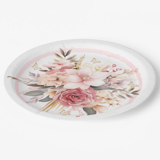 ピンクと金ゴールドのフローラバタフライ結婚ズ ペーパープレート (アングル)