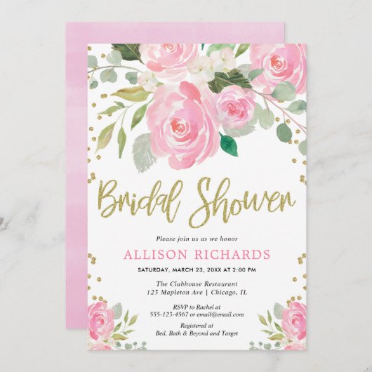 ピンクと金ゴールドのフローラバラブライダルシャワー 招待状 (正面/裏面)
