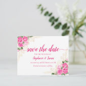 ピンクと金ゴールドのフローラバラ結婚式の日付を保存 案内ポストカード (スタンド正面)