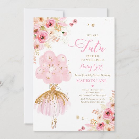 ピンクと金ゴールドのフローラバレリーナベビーシャワー 招待状 (正面)