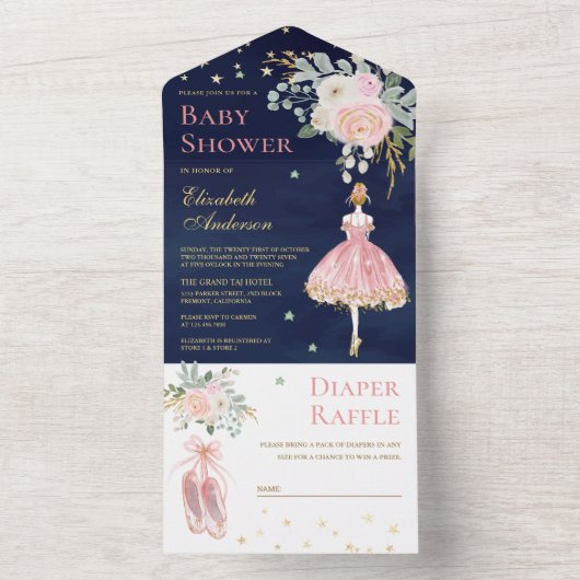 ピンクと金ゴールドのフローラバレリーナ海軍ベビーシャワー オールインワン招待状 (内側)